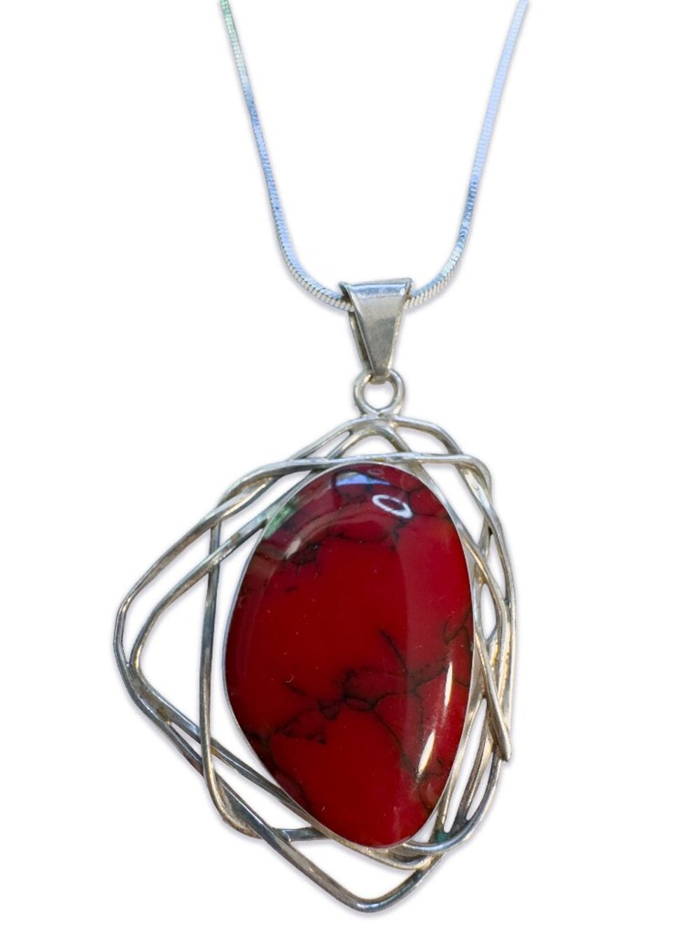 Mexican Red Jasper Sterling Silver Wire Pendant Italian 925 FAS Chain Necklace